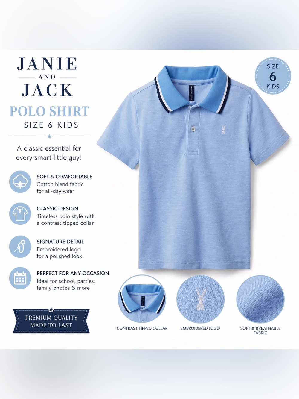 Janie and Jack Boys Light Blue Polo Shirt Size 6 Kids